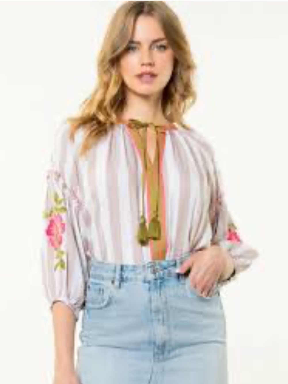 THML striped peasant top with floral embroidery XS